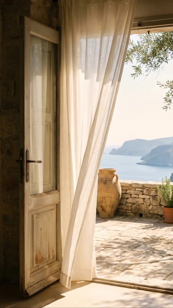 An open door onto a stone terrace above the sea, a sheer curtain lifting in the air.