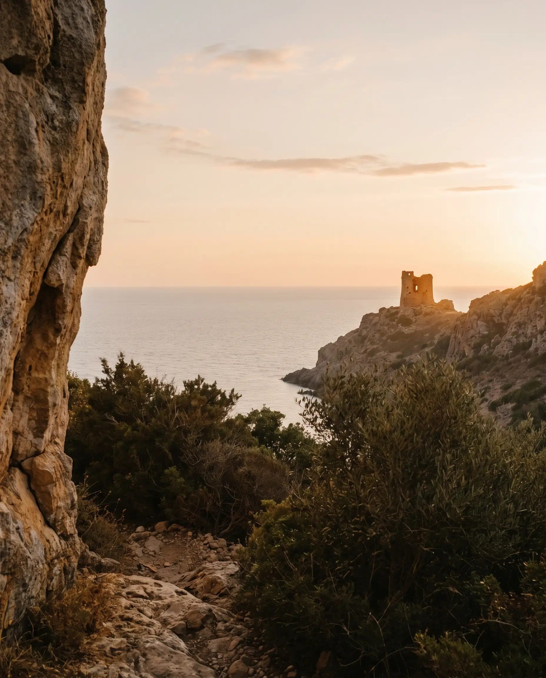 A headland at sunset, an old watchtower catching the last light above a calm sea.