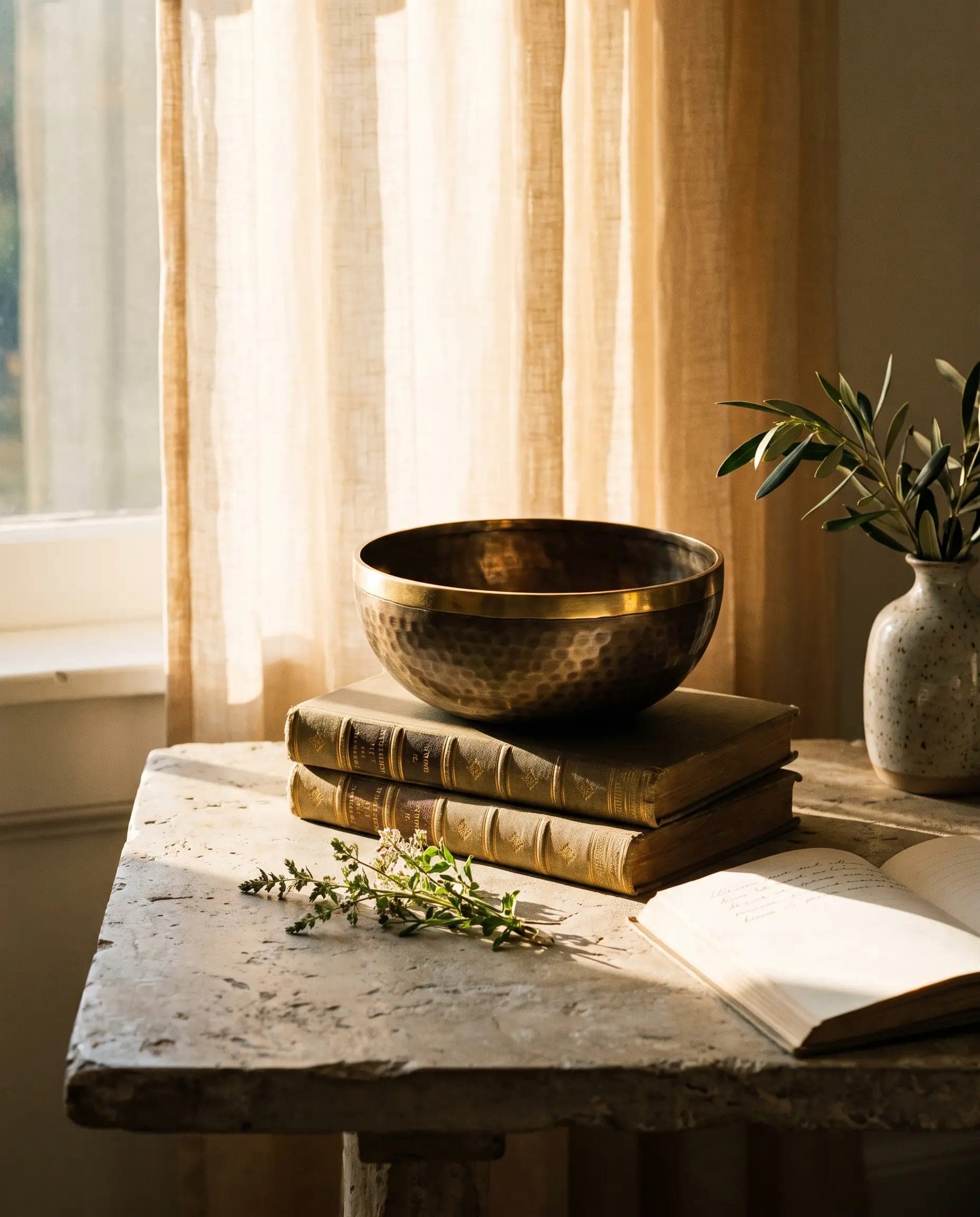 A bronze singing bowl on a stack of old books in late window light, an open book beside them.
