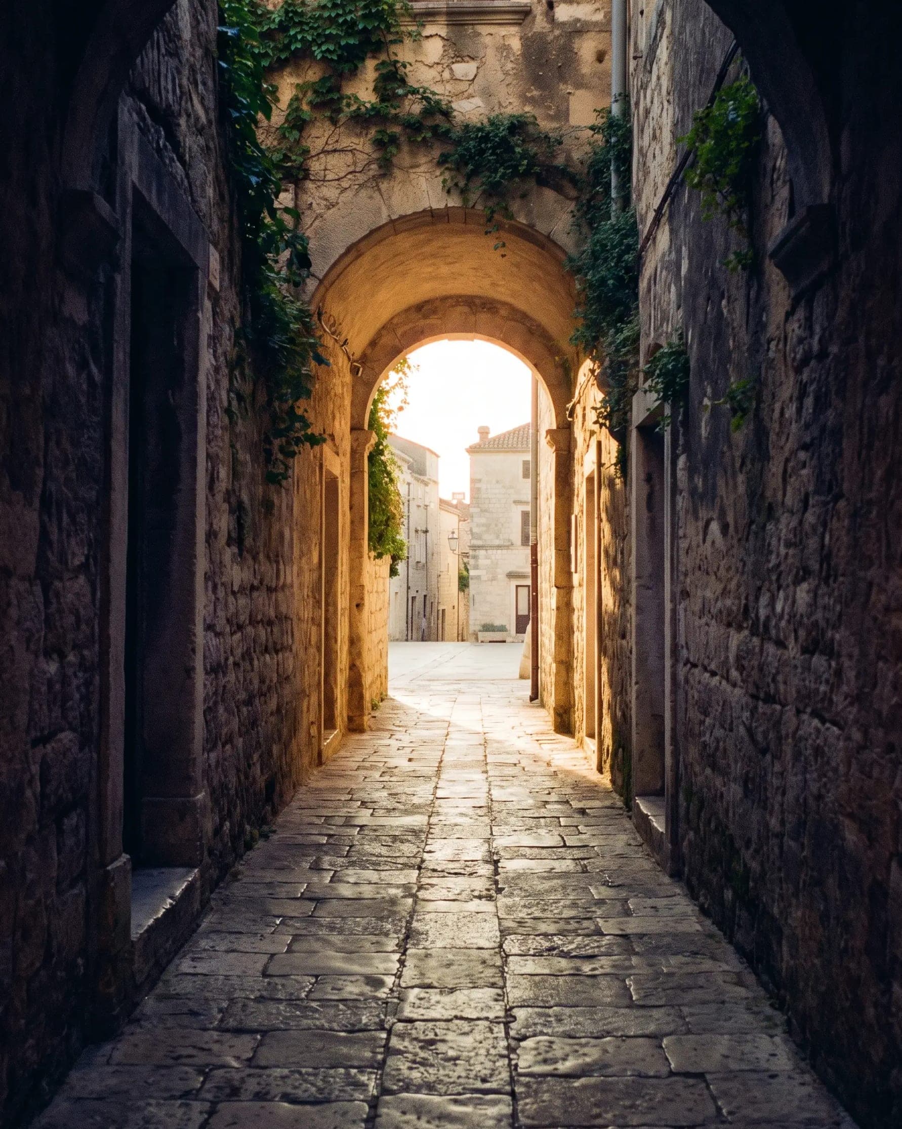 A narrow stone passage at dawn, the first light pouring in through the arch at its end.