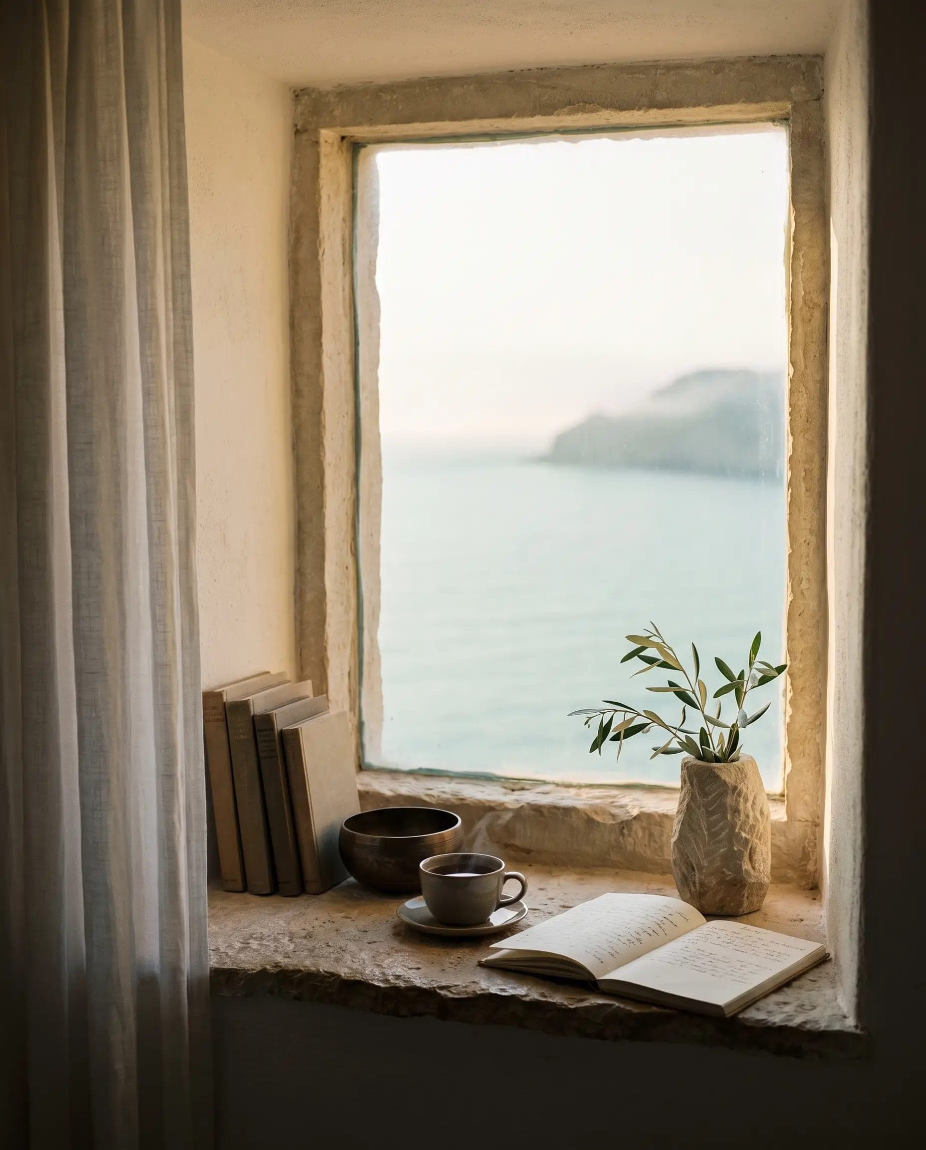 Books, a bronze bowl, and a cup of tea on a deep stone sill at first light, the sea pale beyond the window.