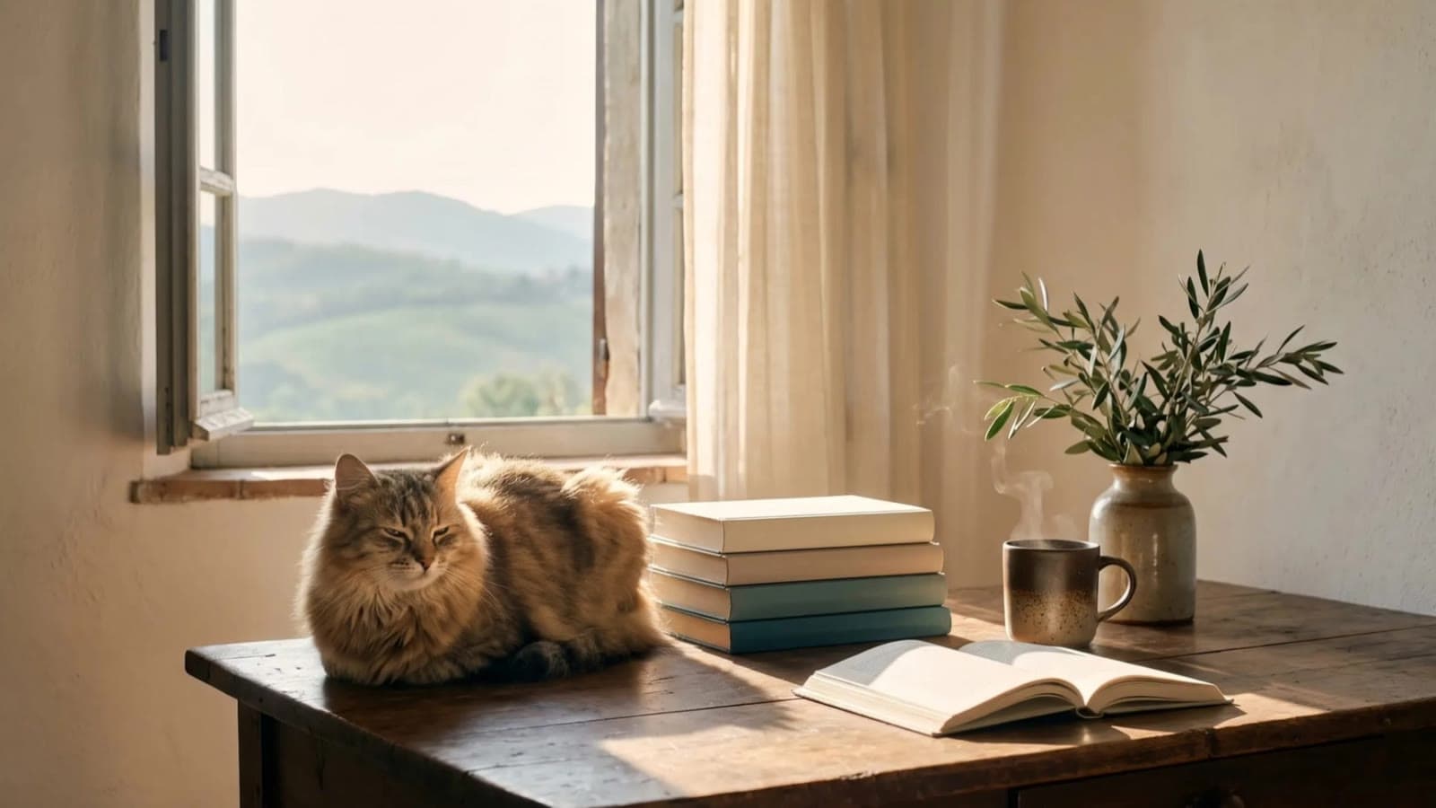 A cat resting in the sun on an old wooden table by an open window, beside books, tea, and an olive branch.